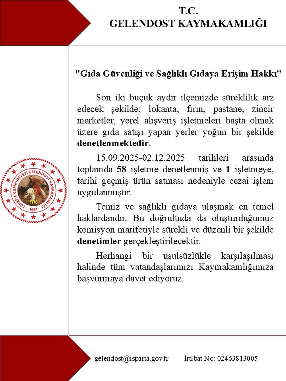 Gelendost Kaymakamlığı'ndan Gıda Güvenliği ve Denetim Açıklaması