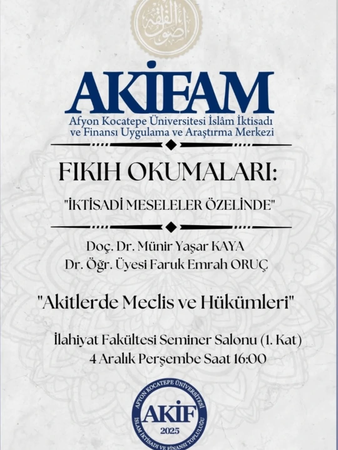 Afyon Kocatepe Üniversitesi'nin Düzenlediği Fıkıh Okumaları