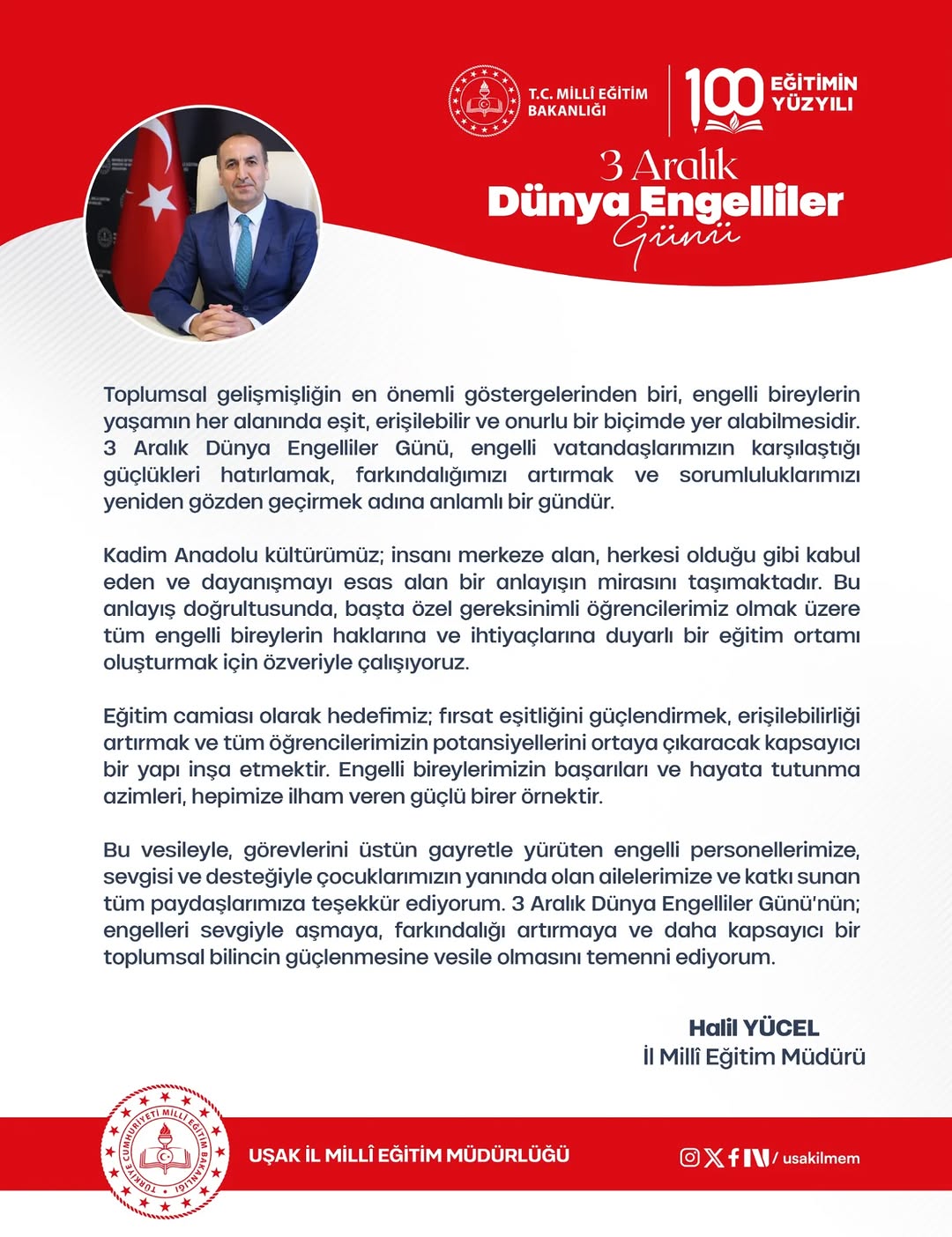 İl Millî Eğitim Müdürümüz Halil YÜCEL'in 3 Aralık Dünya Engelliler Günü Mesajı