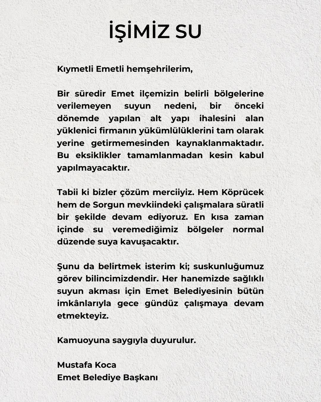 Emet Belediyesi'nden Su Sorunu Açıklaması