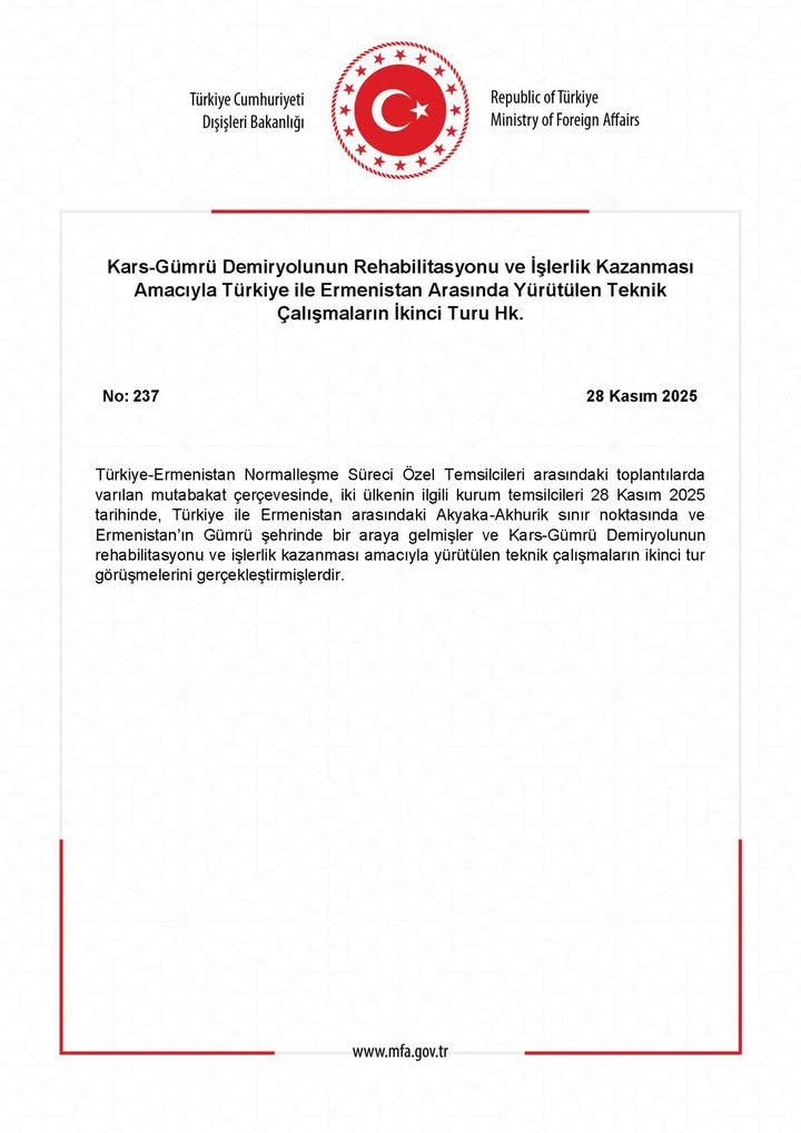 Kars-Gümrü Demiryolunun Rehabilitasyonu ve İşlerlik Kazanması Amacıyla Türkiye ile Ermenistan Arasında Yürütülen Teknik Çalışmaların İkinci Turu