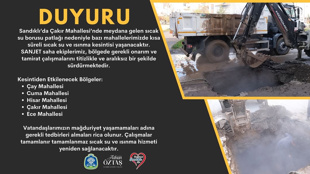 Sandıklı Belediyesi'nden Sıcak Su Kesintisi Duyurusu