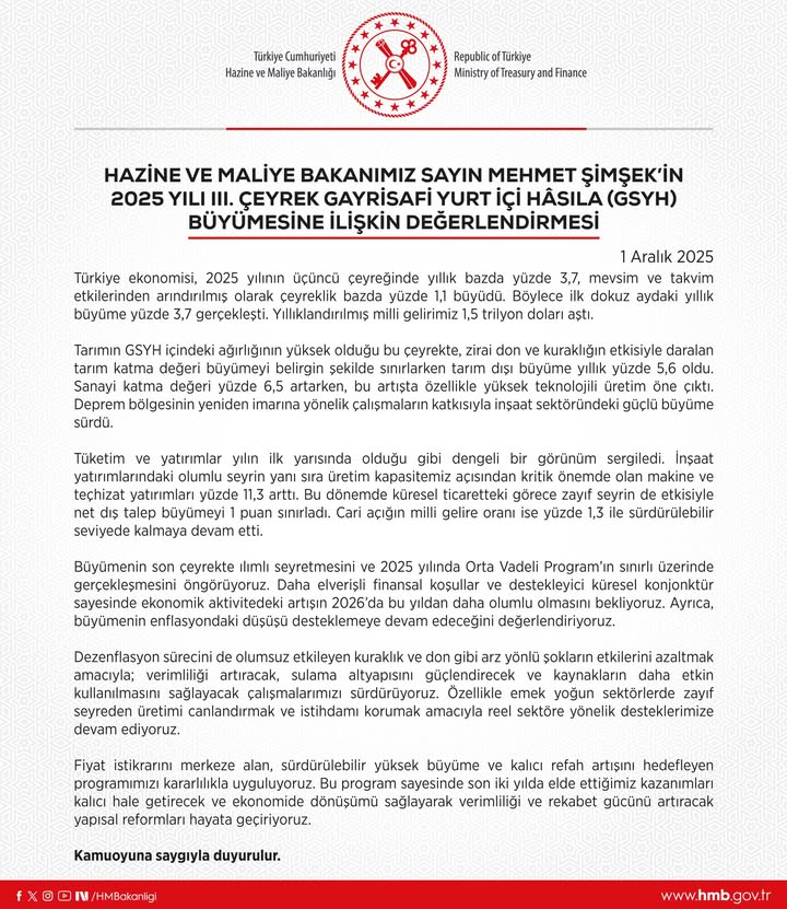 Hazine ve Maliye Bakanı Şimşek'ten 2025 III. Çeyrek GSYH Büyümesi Değerlendirmesi