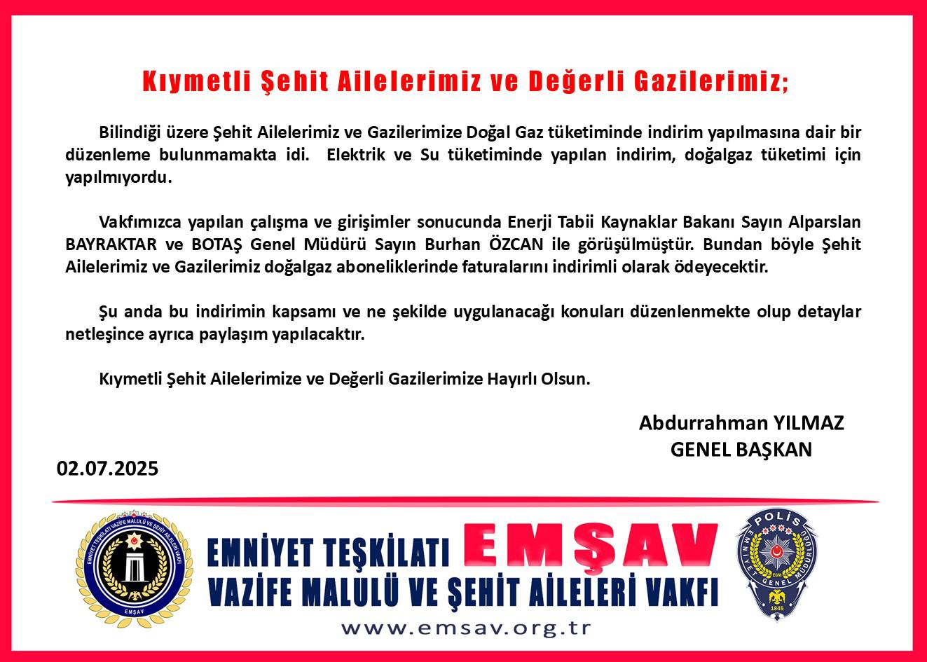 Şehit Yakınları ve Gazilere Doğalgaz Desteği