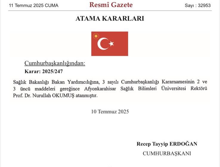 Afyonkarahisar Sağlık Bilimleri Üniversitesi Rektörü Okumuş, Sağlık Bakanlığı Bakan Yardımcısı Atandı
