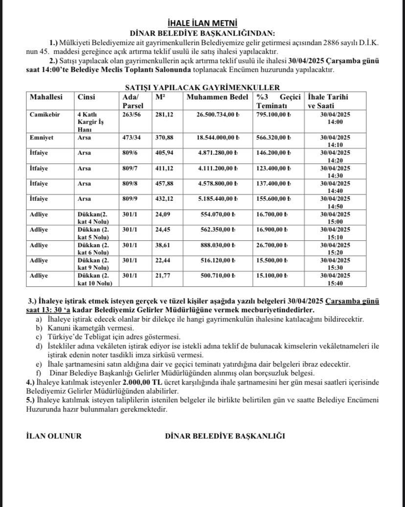 Dinar Belediyesi'nden Gayrimenkul Satışı: İhale Başvuruları Başladı