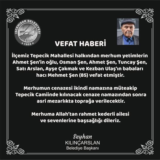 İscehisar'da Yaşamını Yitiren Emekli Hacı Mehmet Şen Son Yolculuğuna Kavuşacak