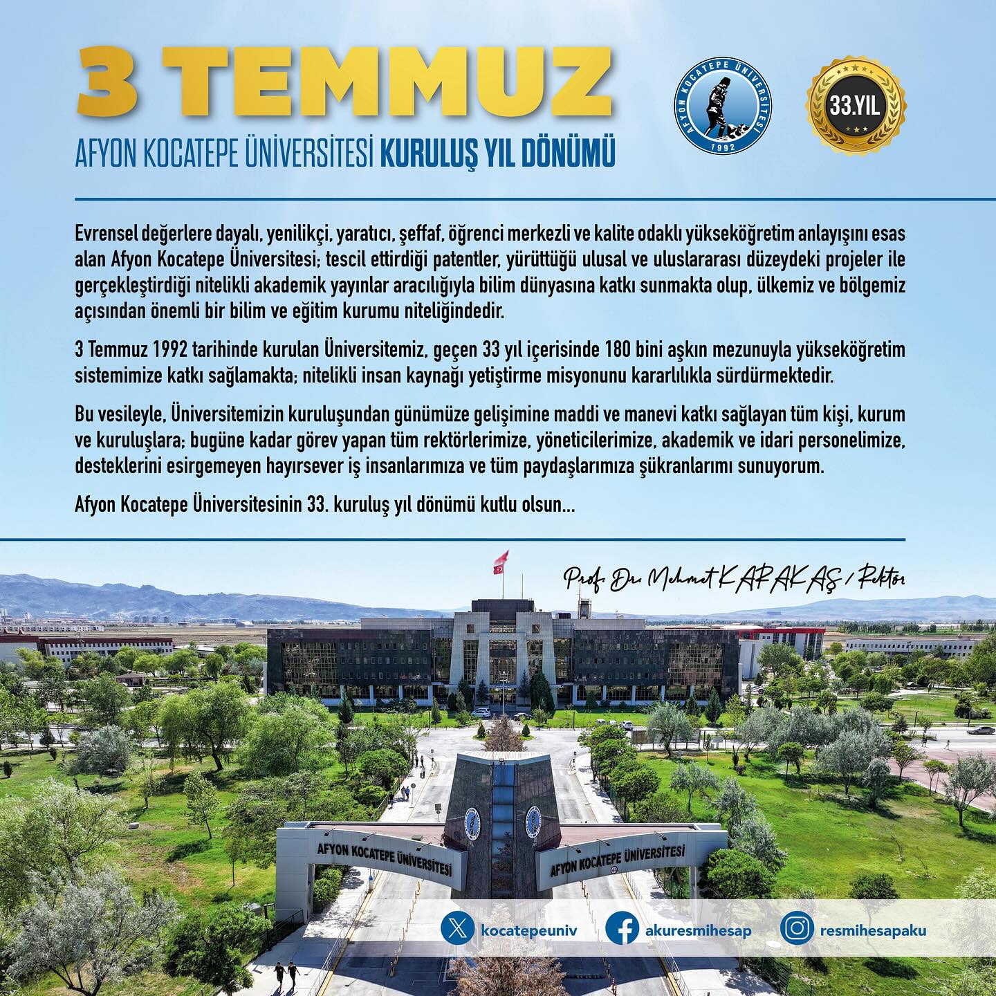 Afyon Kocatepe Üniversitesi 33. Yılını Kutluyor: Rektör Karakaş’tan Kuruluş Mesajı