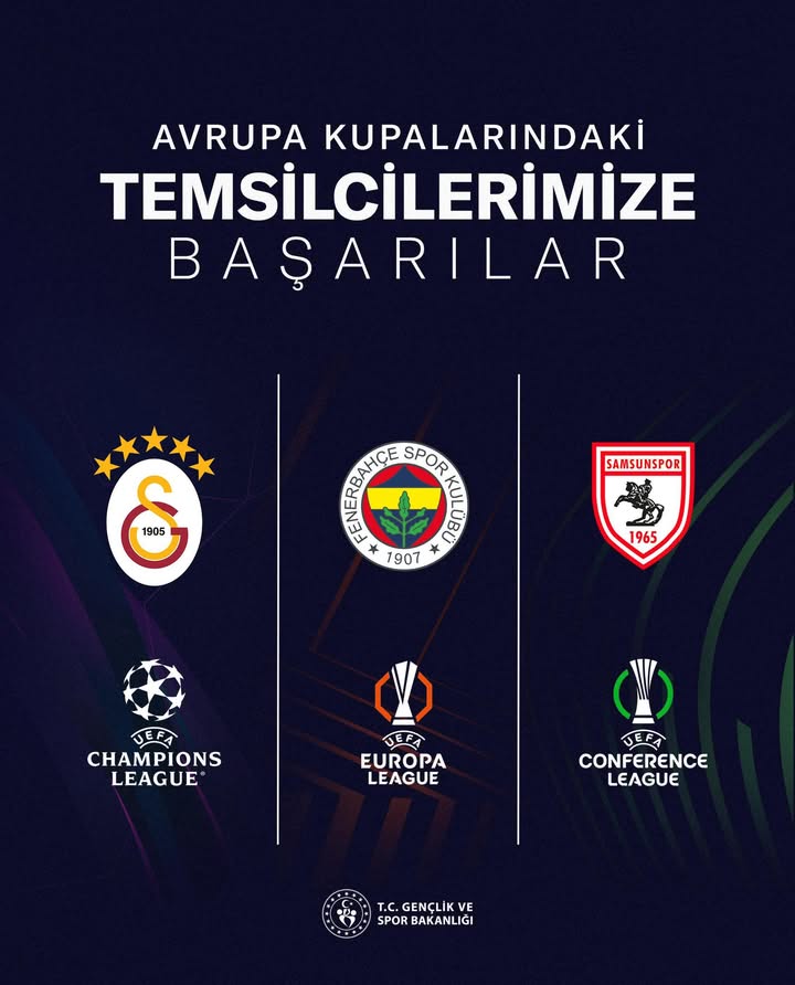 Ülkemizi Avrupa Kupalarında temsil edecek Galatasaray, Fenerbahce ve Samsunspor’a başarılar diliyorum.????????