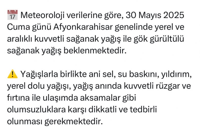 Afyonkarahisar'da Kuvvetli Yağış Uyarısı: Sel ve Fırtına Riski